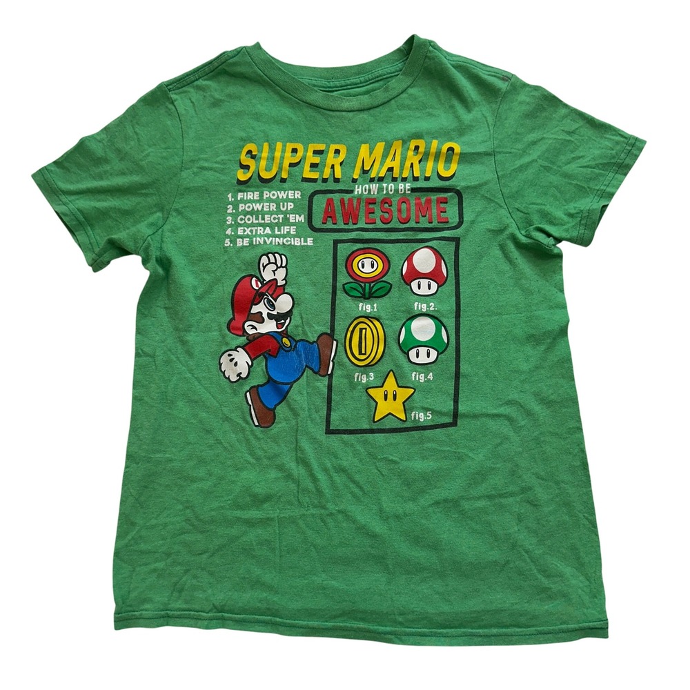 Super Mario Bros‎ Graphic Tee How To Be Awesome Green T-Shirt Kids Size Medium